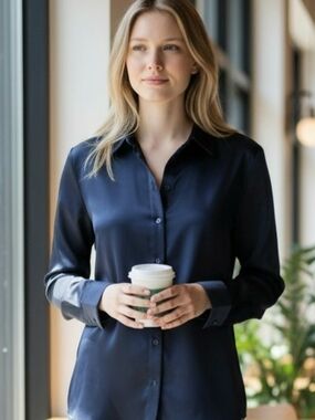 ANTONIO MELANI Navy Satin Button-Front Blouse